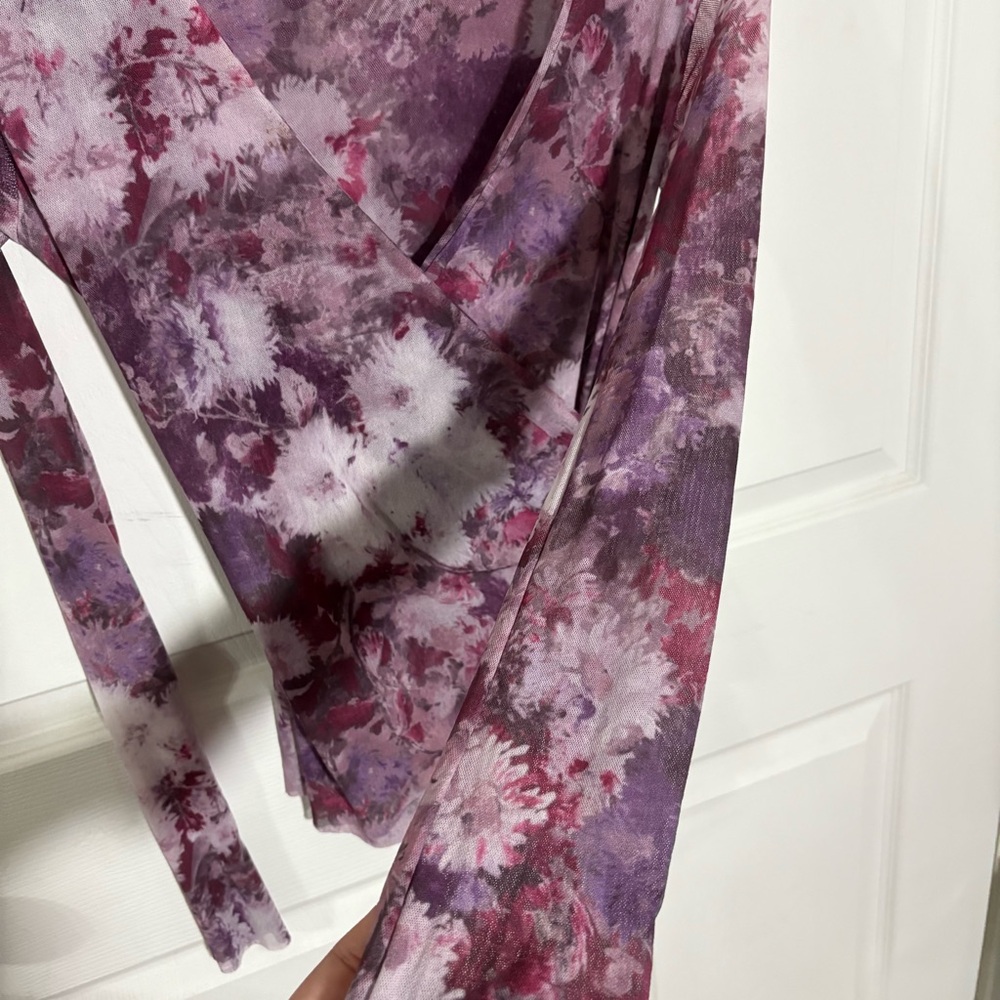 Sweet Pea Babydoll Top Women’s M V-Neck Purple Mesh Floral Faux Wrap Vintage Y2K - Picture 3 of 8